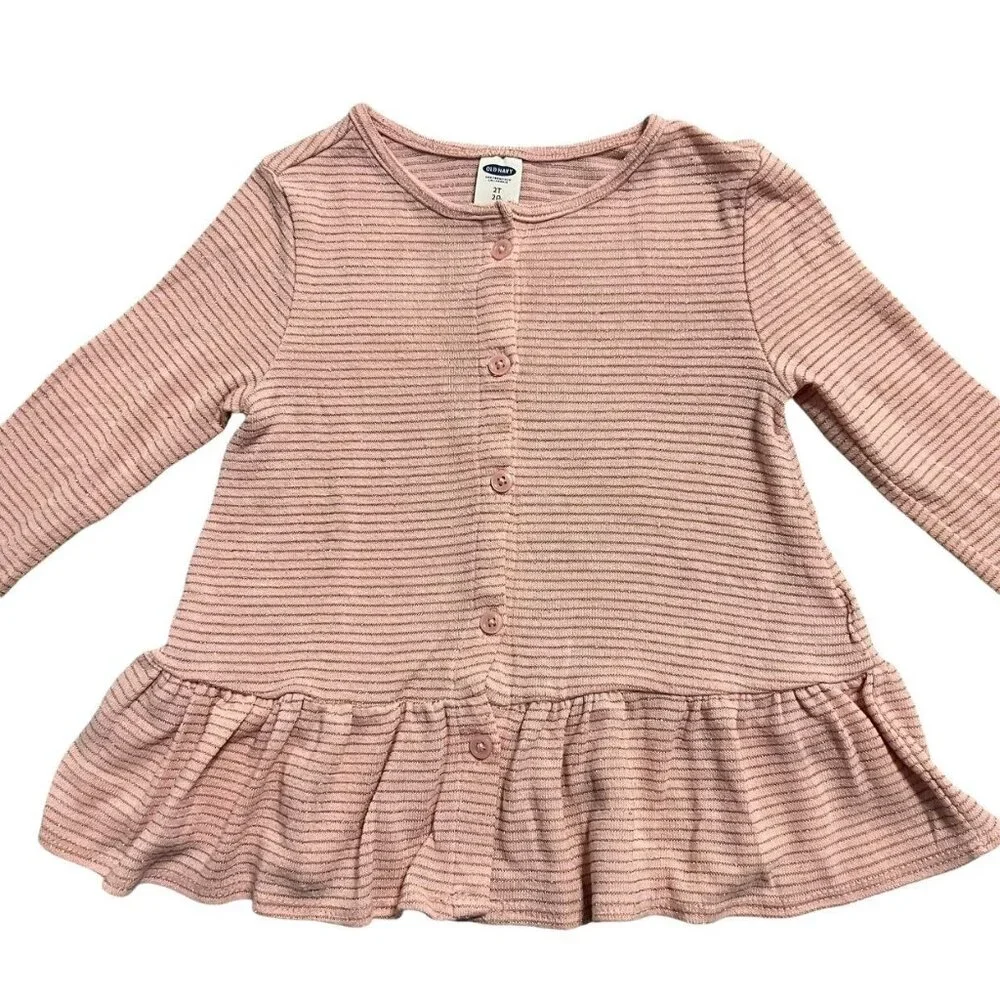 Old Navy 2T Pink & Gold Metallic Striped Peplum Cardigan